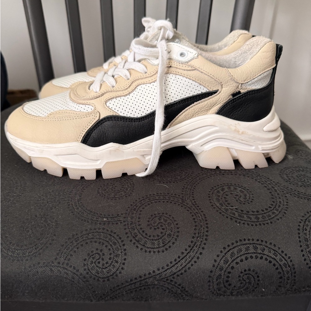 Chunky Leather Lace-Up Sneakers in White, Black & Beige